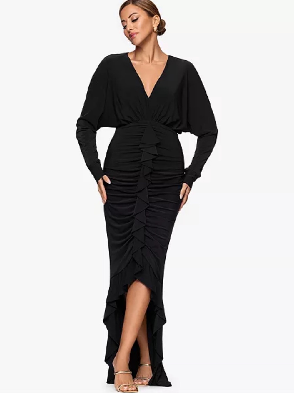 Xscape Black Ruched Ruffle Long Sleeve Evening Gown Size 6